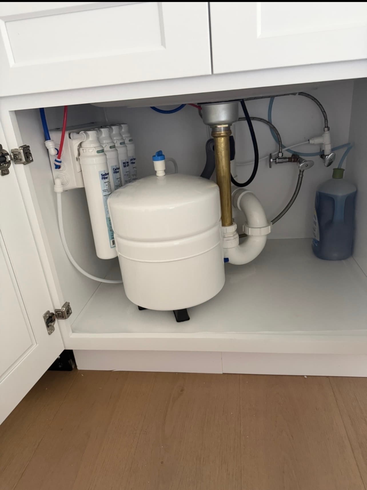Freshline reverse osmosis system installed under a Long Island kitchen sink